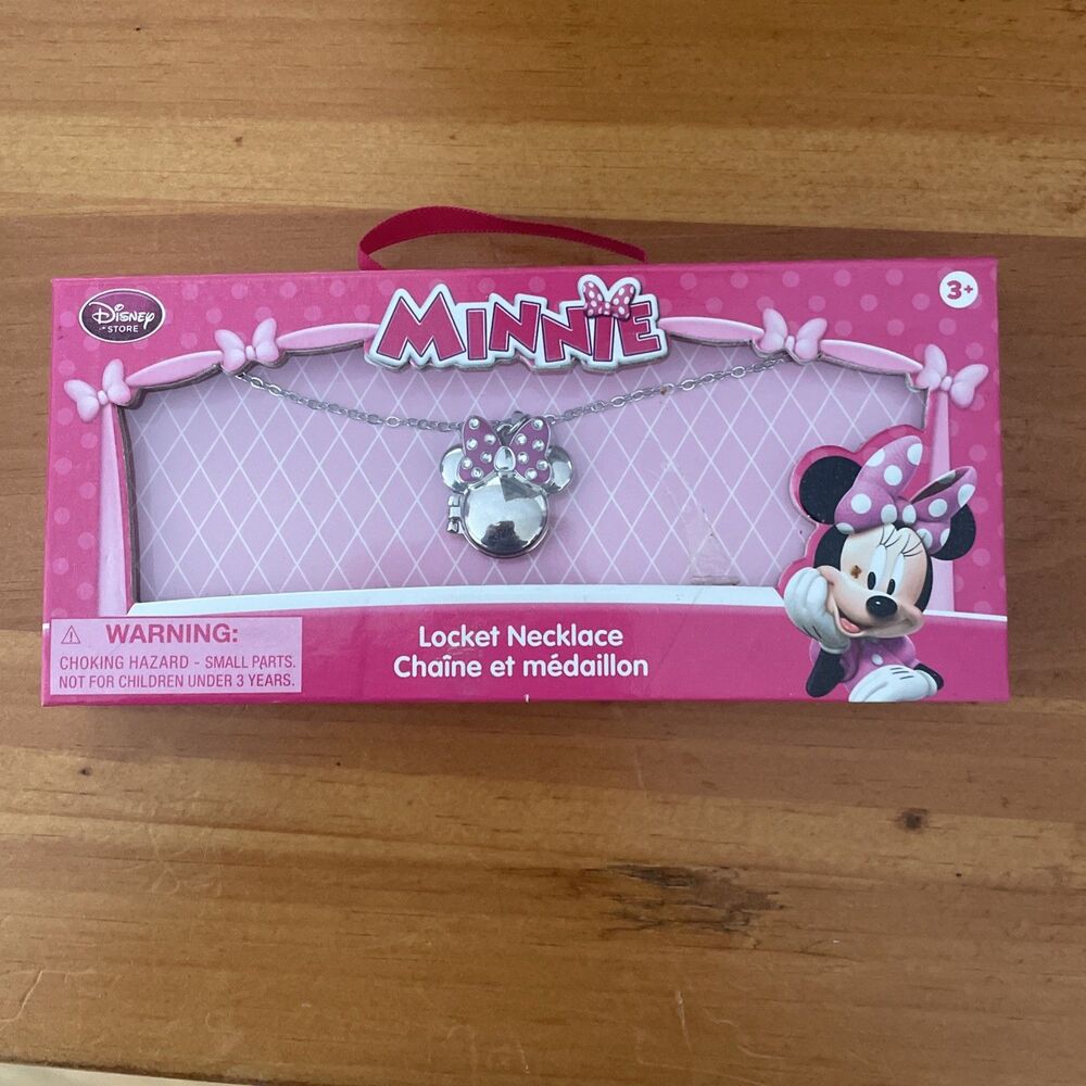 Disney Store Minnie Rhinestone Accent Locket Necklace Silver Tone 18" Boxed